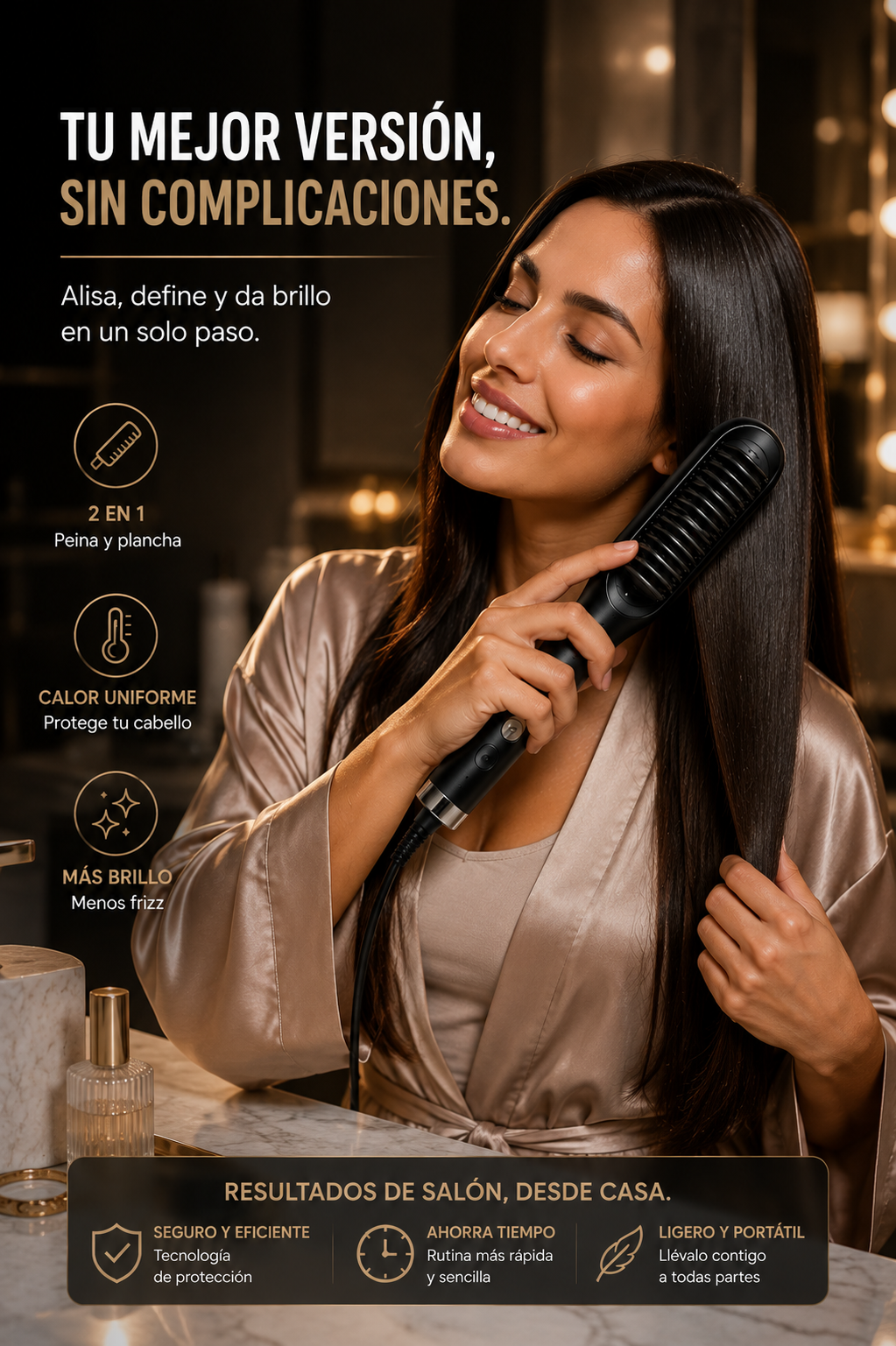 Cepillo Alisador Iónico con Cable — Cerámica/Turmalina, Temperatura Ajustable